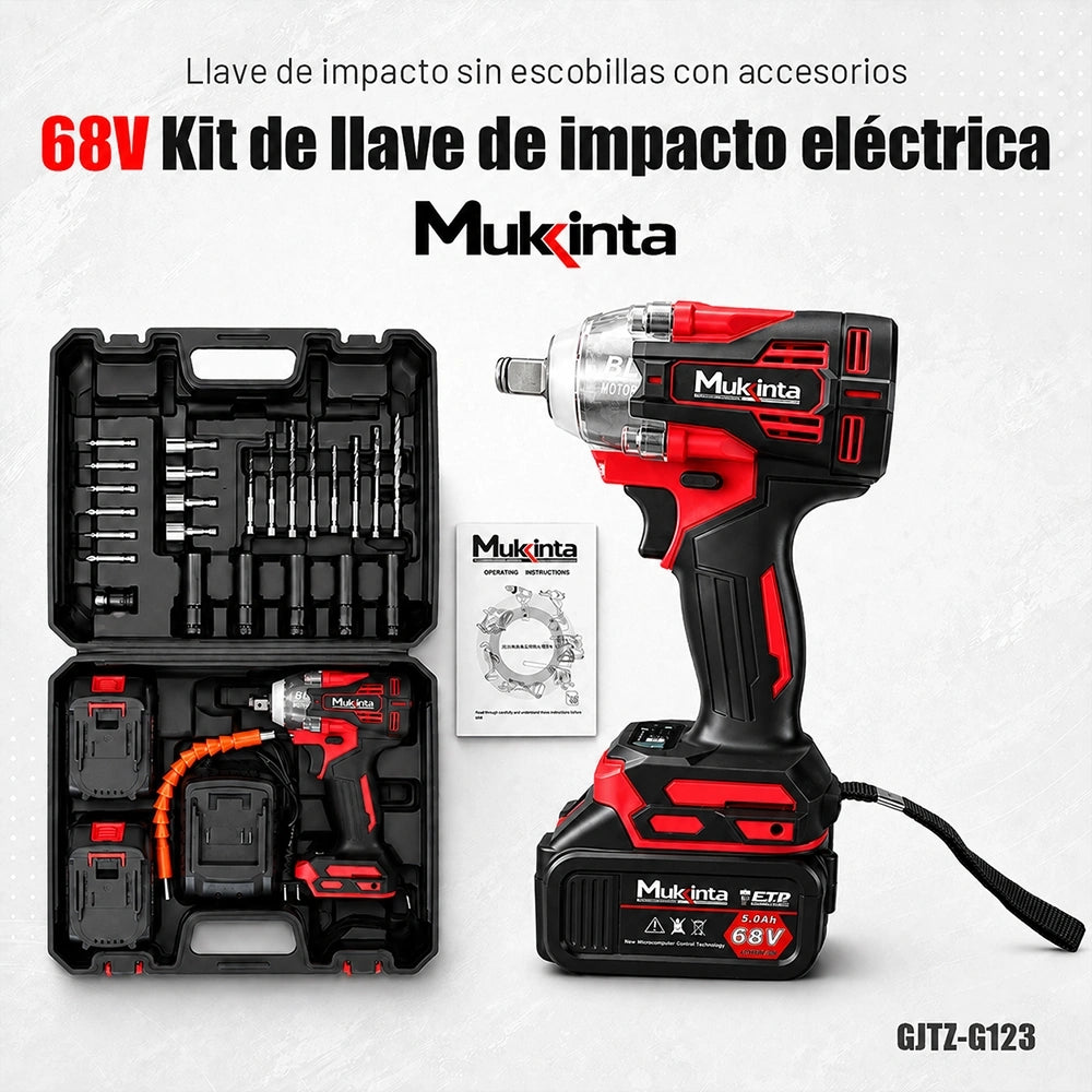 Llave de Impacto Inalámbrica Brushless Mukinta 68V con 2 Baterías | GJTZ-G123